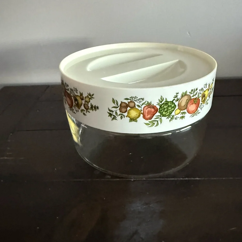 Pyrex Clear Glass Container with Fruit Motif Lid.